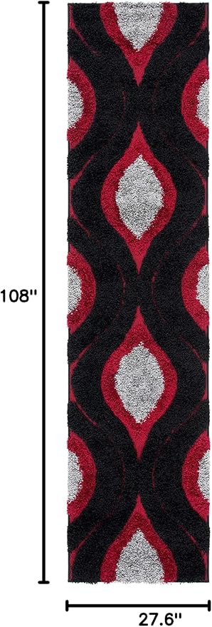 SAFAVIEH Florida Shag Collection Runner Rug - 2'3" x 9', Black & Red, Modern Ogee Design, Non-Shedding & Easy Care, 1.2-inch Thick Ideal for High Traffic Areas in Living Room, Bedroom (SG461-9040)