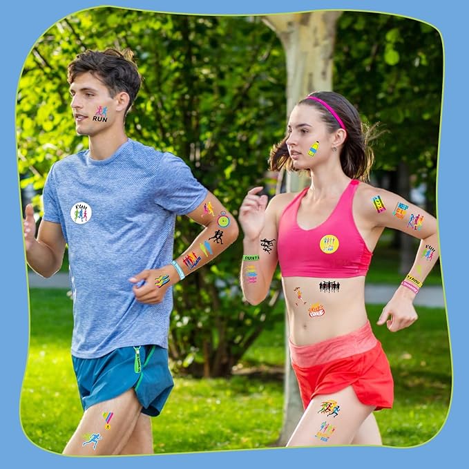 98 PCS Running Party Favors, Running Temporary Tattoos Badges Stickers Silicone Bracelets Keychains for Running Marathon Sport Birthday Party Decorations Supplies Gifts for Runners Kids Teens