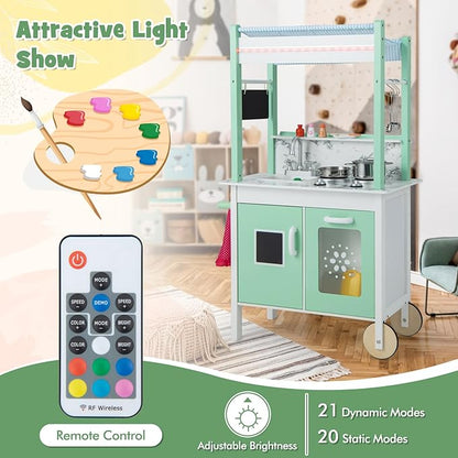 HONEY JOY Kids Kitchen Playset with Lights, Double Side Little Chef Play Kitchen for Toddler & Grocery Store, Cookware, Sink, Storage Cabinet, Wooden Pretend Play Toy Kitchen Cart with Wheels, Green