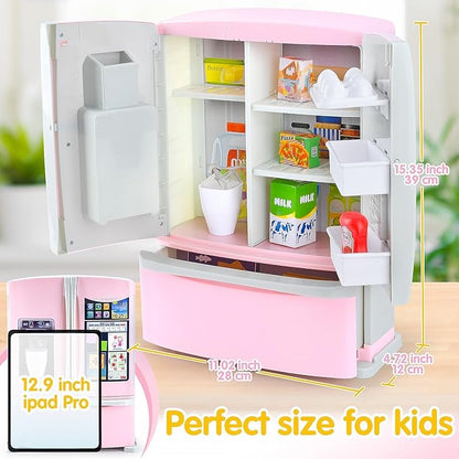PLAY Kids Kitchen Refrigerator with Ice Dispenser, Pretend Kid Toy Fridge Kitchen Playset, Kitchen Appliance Accessories for Girl Boy Christmas Birthday Gift Age 3+, Pink
