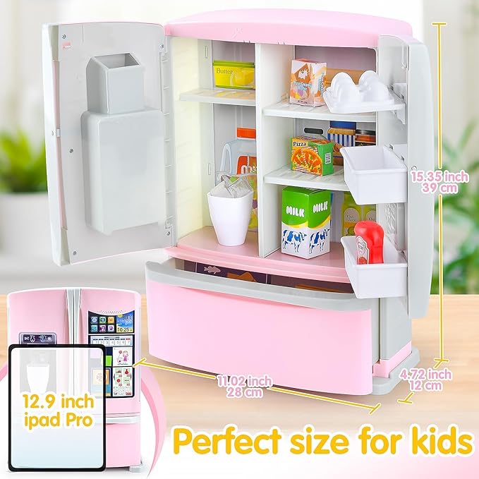 PLAY Kids Kitchen Refrigerator with Ice Dispenser, Pretend Play Fridge Kitchen Set for Toddlers, Toy Kitchen Appliance Accessories for Girl Boy Christmas Birthday Gift Age 1-3 4-8