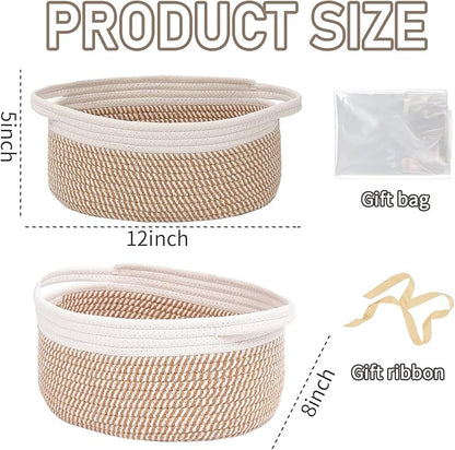 JMvicyroam Woven Basket,Small Rope Storage Bin with Handles & Ribbon Bag, Organizer for Shelves Closets,Gift Basket Empty for Birthday,Books,Dog Toys, White&Brown Block/3 Pack