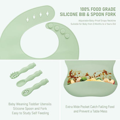 Baby Weaning Set, Silicone Baby Feeding Set(10 Pcs), Toddler Weaning Set with Adjustable Bib, Suction Bowl, Plate, Fork, Spoon, Water & Snack Cup Kit, Baby Led Weaning Kit for Babies and Kids