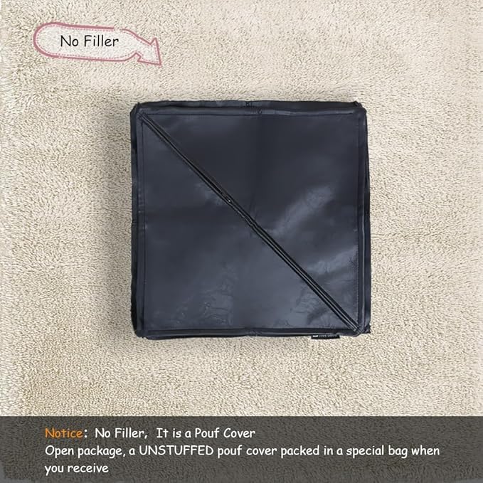 Louis Donné 17.7" Black Square Unstuffed Pouf Ottoman Cover Footstool Handmade Faux Leather Pouffe for Reading Storage Toy Square Ottoman for Living Room Balcony Office Outdoor Floor Chair Only Cover