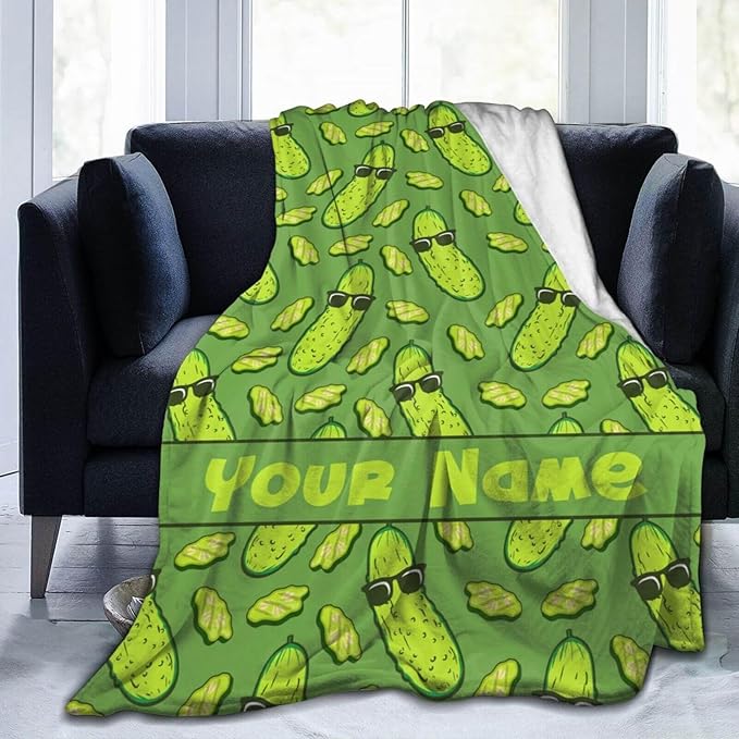 Custom Pickle Blanket with Name for Boys Girls, Personalized Cute Pickle Themed Design Printed Throw Blankets for Kids Lap, Chair Sofa, Giftable Blanket, 40"x 50"