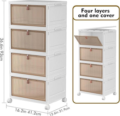 YFXCVSL 4 Tier Plastic Storage Bins with Lid 28QT - Stackable Storage Containers with Wheels, Folding Storage Boxes, Collapsible Storage Bins, Organizers and Storage