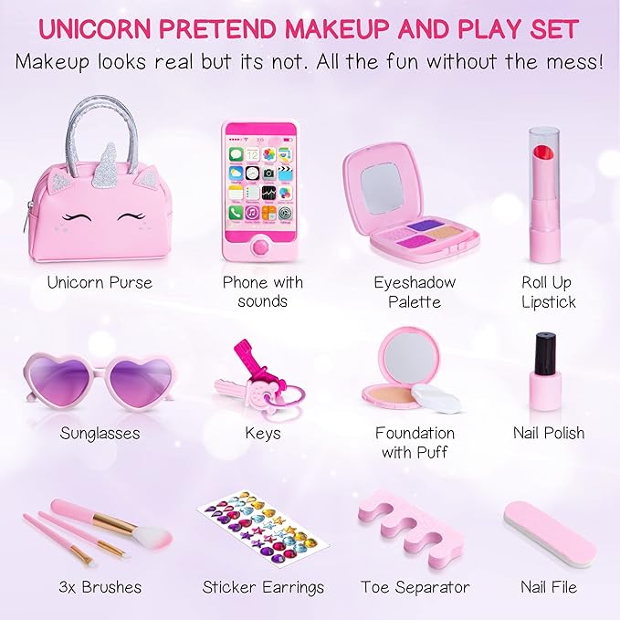 Pretend Play Makeup Kit for Little Girls with Unicorn Purse : Fake (Not Real) Make up Toy Set for Toddler and Kids - Includes Phone with Sounds, Princess Birthday Gift Set for Ages 3 4 5 6 7 8 Years