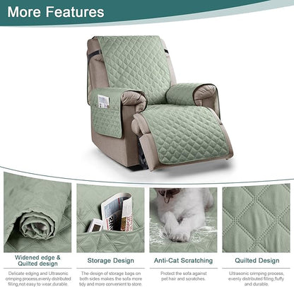 Ruaozz 100% Waterproof Recliner Chair Cover Non-Slip Oversized Reclining Cover for Large Recliner Chair Washable Chair Seat Cover with Elastic Straps for Kids, Dogs, Pets (Sage Green, 28'')
