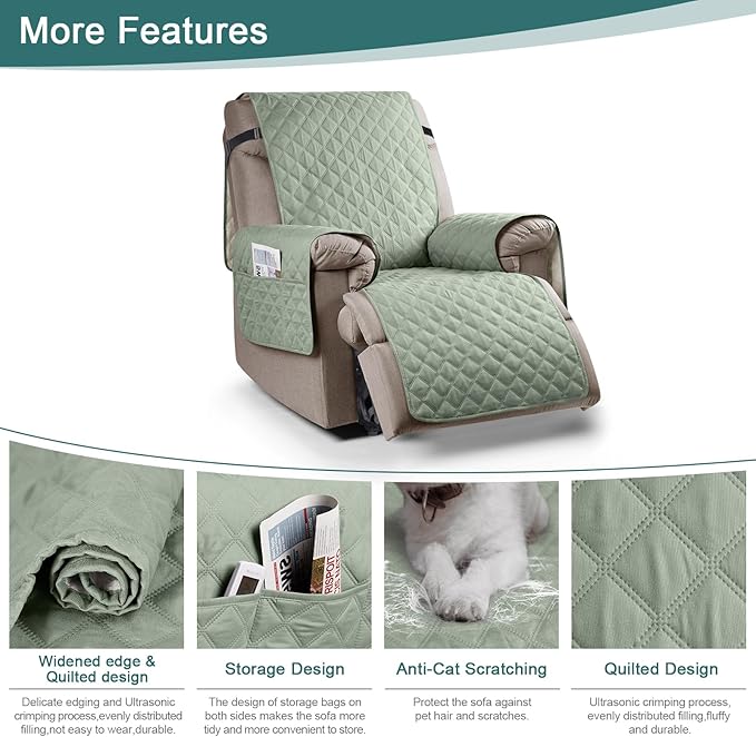 Ruaozz 100% Waterproof Recliner Chair Cover Non-Slip Reclining Cover for Recliner Chair Washable Chair Seat Cover with Elastic Straps for Kids, Dogs, Pets (Sage Green, 23'')