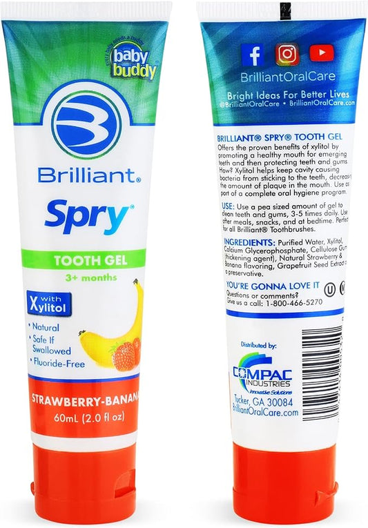 Brilliant Oral Care Kids Fluoride Free Toothpaste, Spry Gel with Xylitol, Strawberry Banana Flavor for Ages 3+ Months, 2 fl oz, 1 Pack