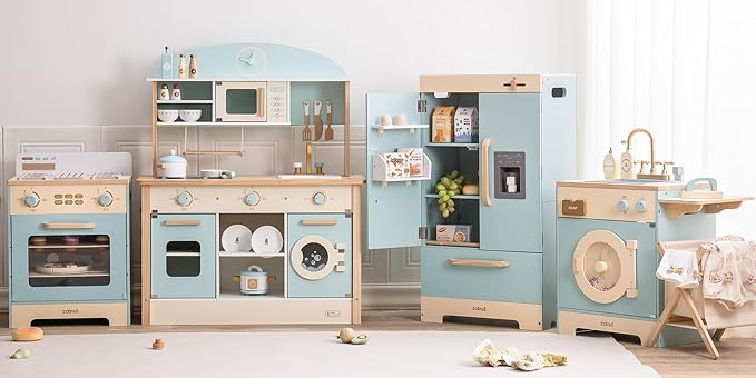 ROBUD Kids Corner Kitchen Playset, Wooden Play Kitchen Set with Realistic Sound, Ice Maker, Fridge, Oven, Washing Machine, Pretend Play Toy Kitchen Set, Gift for Boys Girls, Blue