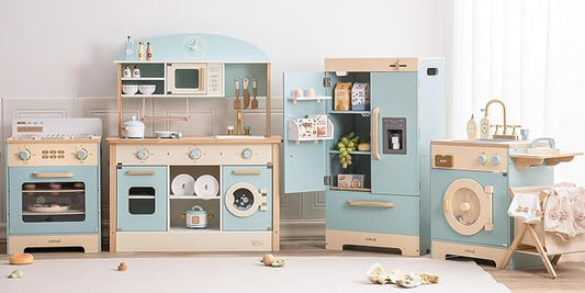 ROBUD Kids Corner Kitchen Playset, Wooden Play Kitchen Set with Realistic Sound, Ice Maker, Fridge, Oven, Washing Machine, Pretend Play Toy Kitchen Set, Gift for Boys Girls, Blue
