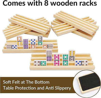 Mexican Train Dominoes Set with 8 Wooden Trays/Racks, Double 12 Dominos Travel Set with 8 Domino Tiles Holders, 91 Tiles Double 12 Colored Dominoes Game Set with Portable Case for Families Kids