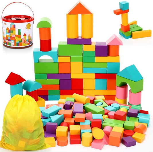 Libima 100 Pcs Wood Building Blocks for Toddlers 2-4 Years with Storage Container Wooden Building Blocks Wooden Building Set Wooden Building Set Preschool Block Learning Toys