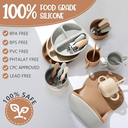 24 Pack Silicone Baby Feeding Set Baby LED Weaning Supplies Includes Suction Divided Plates Soft Bowl Spoons Forks Adjustable Bib Snack Cup and Straws(Walnut Color, Beige, Smoky Gray)