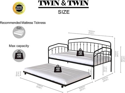 Christopher Knight Home Fox Twin Daybed with Trundle, Metal Sofa Bed Set, Rollaway Daybed Couch Bed Frame for Bedroom Living Room Guest Room, Elegant and Simple Style, Anti-Noise, Easy Assembly, Black