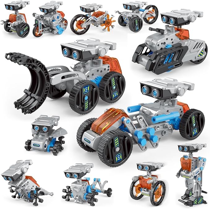 12 in 1 Solar Robot Kit Toys for Kids, 202 Pieces DIY STEM Building Science Learning Educational Experiment Kit Solar and Cell Powered, Gift for Boys Girls (Orange)