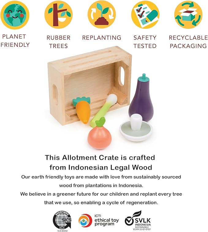 Mentari Toys - Allotment Crate - 6pc Wooden Crate with Vegetable Food Items - Market Pretend Play Toy Food - Play Kitchen Accessories - Imaginative Play Set for Toddlers and Kids - Age 3+