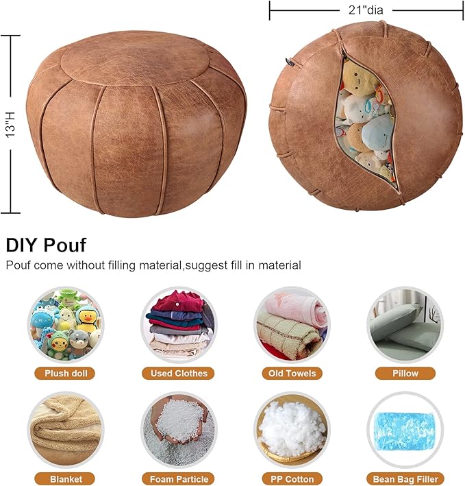 Louis Donné Unstuffed Moroccan Ottoman Pouf Cover with Waterproof Handmade Faux Decor Storage Solution for Kid Toy Footstool Pouffe Cover Replacement Balcony Indoor 21dia Chestnut Brown, ONLY Cover