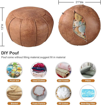 Louis Donné Unstuffed Moroccan Ottoman Pouf Cover with Waterproof Handmade Faux Decor Storage Solution for Kid Toy Footstool Pouffe Cover Replacement Balcony Indoor 21dia Chestnut Brown, ONLY Cover