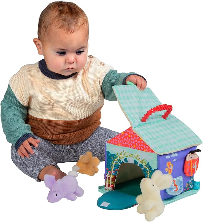 Manhattan Toy Cottontail Cottage Fill and Spill Baby and Toddler Sensory Activity Toy with 3 Stuffed Animal Bunny Rattles