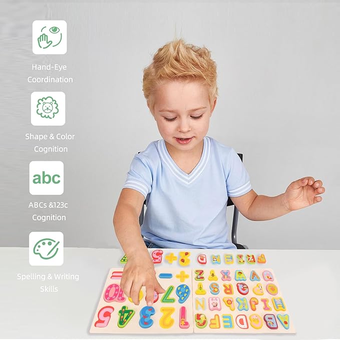 Wooden Alphabet Number Shape Learning Puzzles for Toddlers, 3 in 1 ABC Letter Puzzle Board Set for Kids Ages 3-5 Educational Alphabet Learning Toys for Preschoolers Boys Girls Gifts