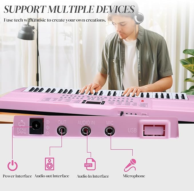 Ktaxon 61 Key Keyboard Piano Electric Keyboard, Electric Piano Set with Headphones, Microphone, Music Rest, Power Adapter, Piano Stand, Piano Bench and Manual (Compact X Stand-Pink w/Lighted Keys)