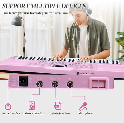 Ktaxon 61 Key Keyboard Piano Electric Keyboard, Electric Piano Set with Headphones, Microphone, Music Rest, Power Adapter, Piano Stand, Piano Bench and Manual (Compact X Stand-Pink w/Lighted Keys)