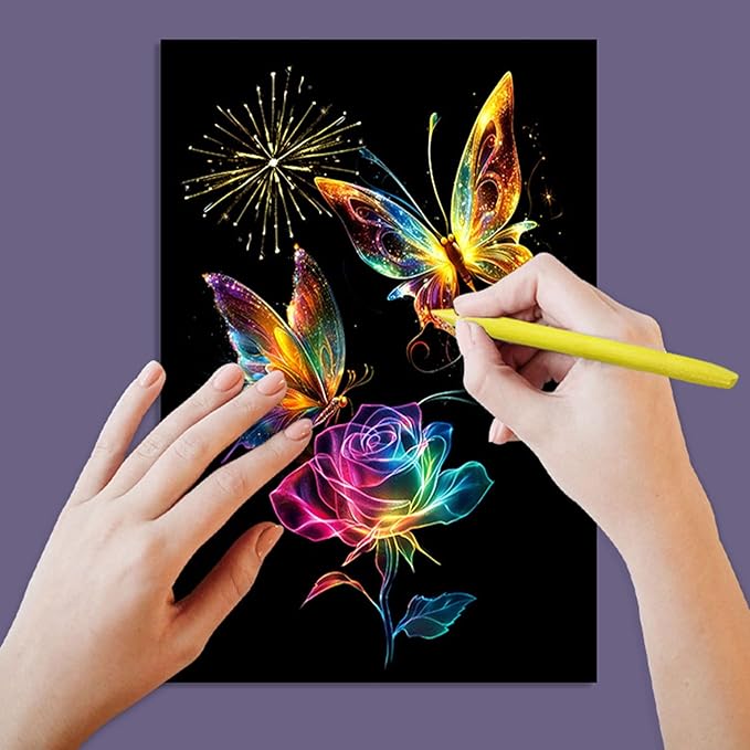 Georgie Porgy Scratch Paper Art Set for Kids Adults Magic Rainbow Scratchboards for DIY Arts and Crafts Kits Christmas Birthday Gift with Scratching Tools Kit (A4-Noctilucent Butterfly + Peacock)