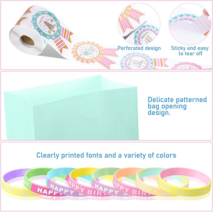 Leinuosen 248 Pcs School Supplies for Kids Classroom Include 200 Happy Birthday Badge Stickers Roll 24 Birthday Bracelets and 24 Rainbow Paper Gift Bag for Teacher Student Birthday Decor (Fresh Color)
