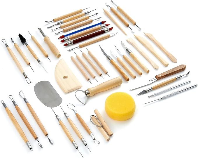TEMONTIAN Pottery Tool Kit，Clay Sculpting Tools,43 Pcs Double Sided Pottery Wheel Tools for Adults，Pottery Carving Tools，Pottery Kiln Tools at Home，Ceramics Tools Set with Carrying Case Bag and Apron