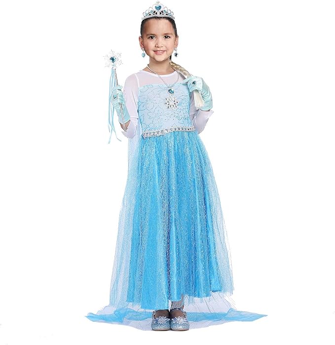 Princess Dress Fancy Costume for Girls Birthday Party Dress Up Cosplay with Wig Gloves Jewelry Cloak Purse Crown Wand Blue