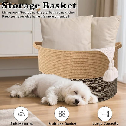 90L Extra Large Blanket Basket,Rope Woven Storage Basket with Handles, Laundry Hamper for Toys, Clothes, Pillows & Towels, Perfect for Living Room, Nursery & Bedroom,Jute&Black