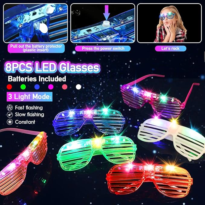 266PCS Glow in the Dark Party Supplies for Kids Adults, Light Up Party Favors LED Glasses, Headband,Rings,Finger Light,Bracelets,Meteor Necklaces,100 Glow Sticks Bulk DIY Necklaces Neon Party Supplies