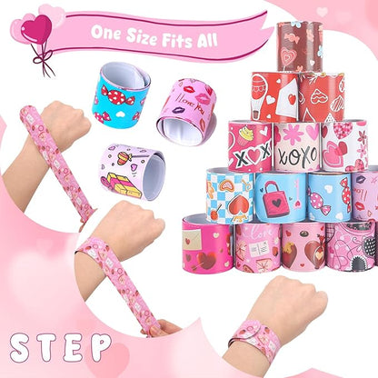 LovesTown 48PCS Valentines Day Slap Bracelets, Red Slap Wristbands Assorted Valentine Snap Bracelets for Kids Gift Exchange Valentine Party Favors