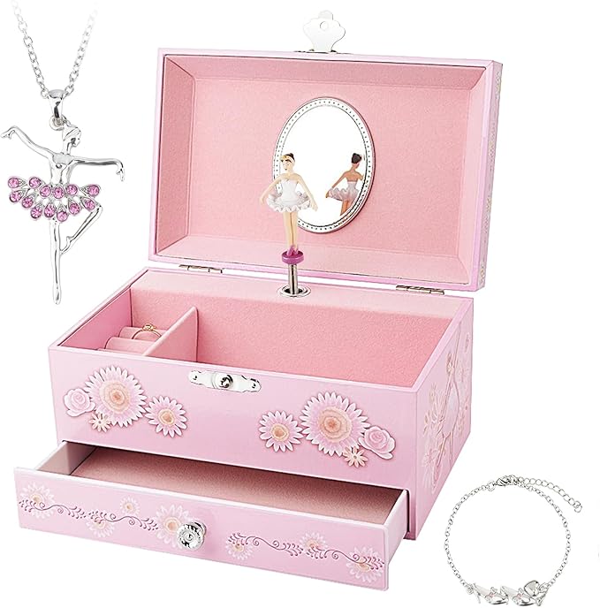RR ROUND RICH DESIGN Kids Musical Jewelry Box for Girls with Drawer and Jewelry Set with Ballerina Theme - Swan Lake Tune Pink