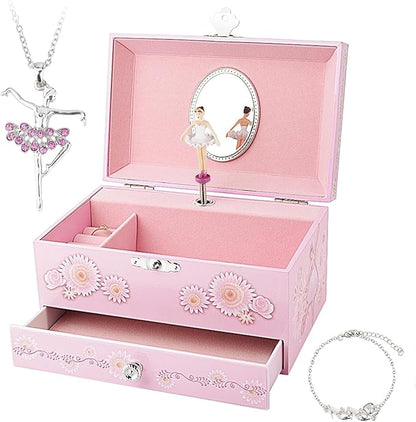 RR ROUND RICH DESIGN Kids Musical Jewelry Box for Girls with Drawer and Jewelry Set with Ballerina Theme - Swan Lake Tune Pink