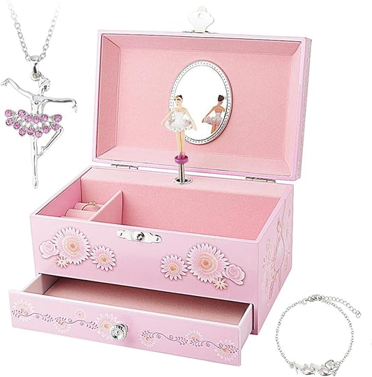 RR ROUND RICH DESIGN Kids Musical Jewelry Box for Girls with Drawer and Jewelry Set with Ballerina Theme - Swan Lake Tune Pink