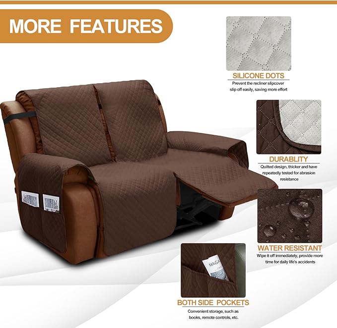 XINEAGE Water Resistant Recliner Cover, 2 seat Recliner Loveseat Covers with Pockets, Quilted Thick Recliner Protector Cover for Dog Pets with Non Slip Backing and Strap (Recliner Loveseat, Coffee)