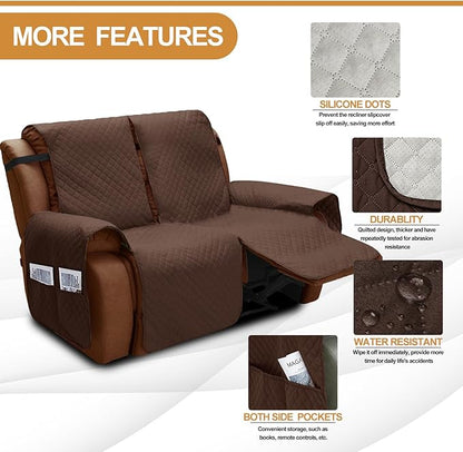 XINEAGE Water Resistant Recliner Cover, 2 seat Recliner Loveseat Covers with Pockets, Quilted Thick Recliner Protector Cover for Dog Pets with Non Slip Backing and Strap (Recliner Loveseat, Coffee)