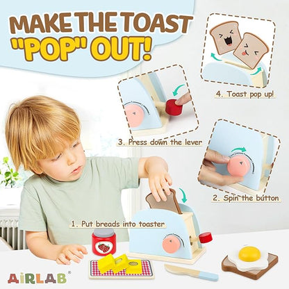 Airlab Play Kitchen Accessories Toddlers 1-3 Wooden Pop-up Toaster Toy Play Food Kids Age 1 2 3, Bread, Butter, Poached Egg Cutting Pretend Toys for 2-4 Year Old Toddlers Boys Girls