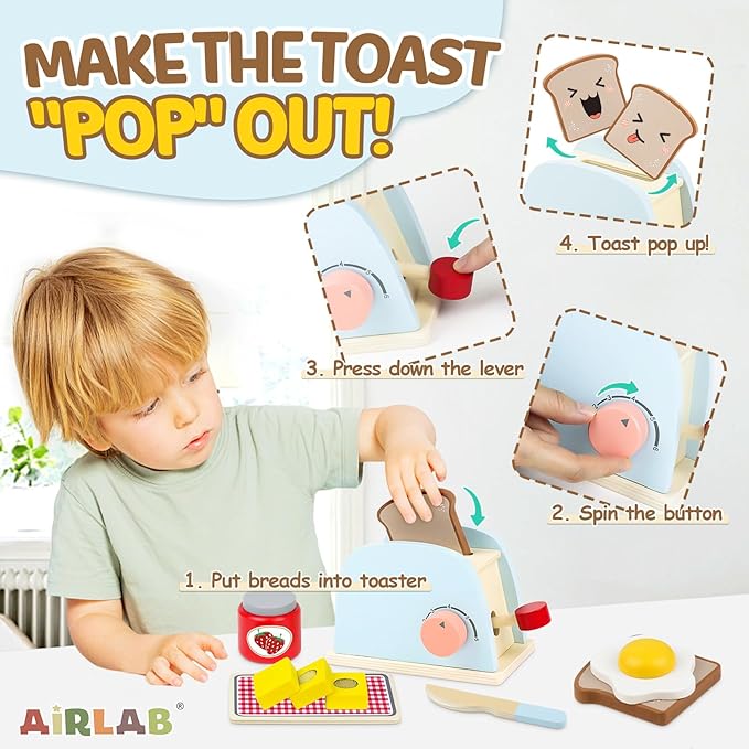 Airlab Play Kitchen Accessories Toddlers 1-3 Wooden Pop-up Toaster Toy Play Food Kids Age 1 2 3, Bread, Butter, Poached Egg Cutting Pretend Toys for 2-4 Year Old Toddlers Boys Girls