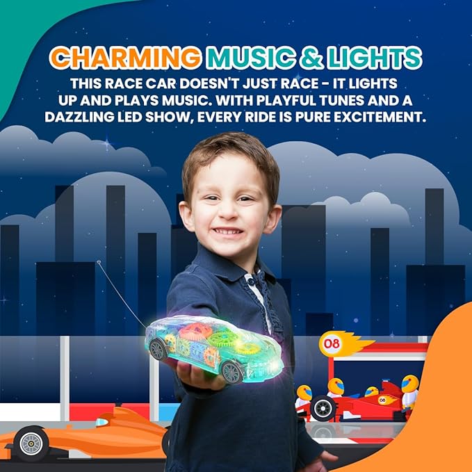 Playbees Light-Up Transparent Car with Remote Control, Toys for Autistic Kids Ages 3-5 Sensory Activity for Kids with Autism Special Needs Toys, Bump and Go Toys for Toddlers Music and LED Effects