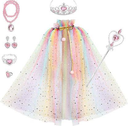 Fedio Princess Cape Set 7 Pieces Girls Princess Cloak with Tiara Crown, Wand for Little Girls Dress up (Rainbow)