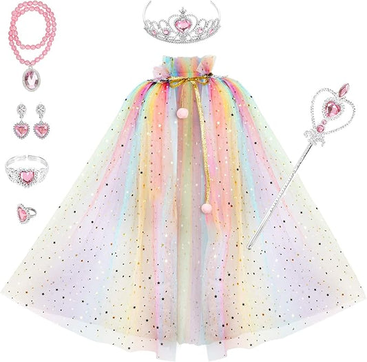 Fedio Princess Cape Set 7 Pieces Girls Princess Cloak with Tiara Crown, Wand for Little Girls Dress up (Rainbow)