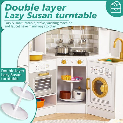Kids Corner Play Kitchen Set, Wooden Pretend Play Kitchen with Metal Utensils Accessories, Fridge, Sink, Burner, Laundry Playset, Microwave Oven, Cake Turntable, Gifts for Ages 3-8