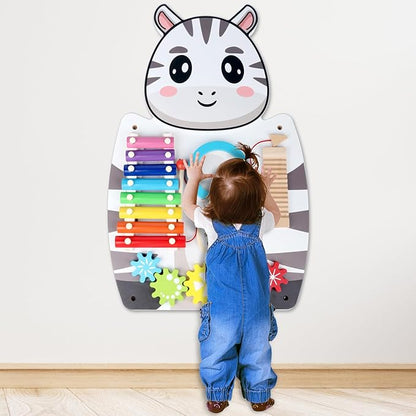 Sensory Wall Panels for Kids - 5 Activities Zebra Wooden Wall Mounted Toy for Daycare - Safety Decor for Toddlers Sensory Playroom