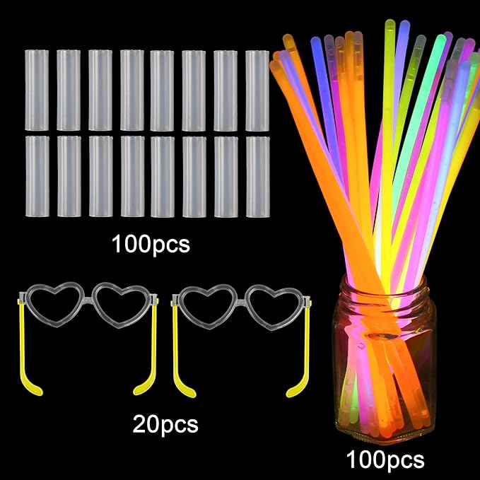 LOMIMOS Glow Sticks Party Pack,100 Glow Sticks(8") 20 Eye Glasses Glow in The Dark Party Supplies with Connectors for Bracelets Necklaces Kids