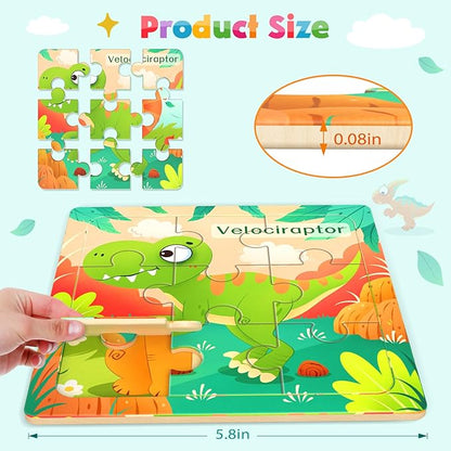 Wooden Puzzles for Toddlers, 8 Pack Dinosaur Jigsaw Puzzles for Kids3-5, 9 Pieces Preschool Learning Activities, Learning & Educational Puzzles, Gift for Boys, Girls