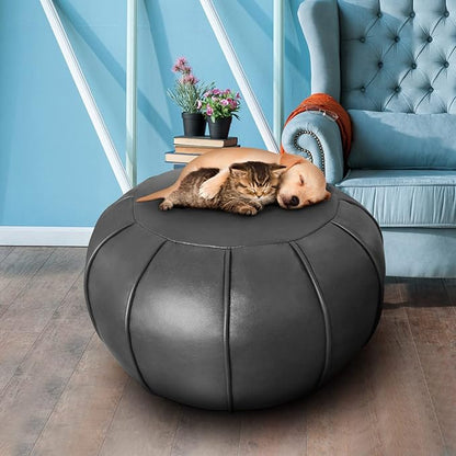 Louis Donné Unstuffed Pouf Ottoman,Faux Leather Ottoman Pouf Cover, Supersoft Handmade Moroccan Decor, Storage Solution, Foot Rest, Footstool, Pouffe for Balcony Office Indoor 21dia Grey
